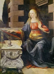Jungfruns bebådelsedetalj, c.1472-1475 olja på trä